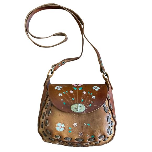 Handmade Handbags - VTG Hippy Handmade Leather Crossbody Purse Retro Hand Painted Mexico